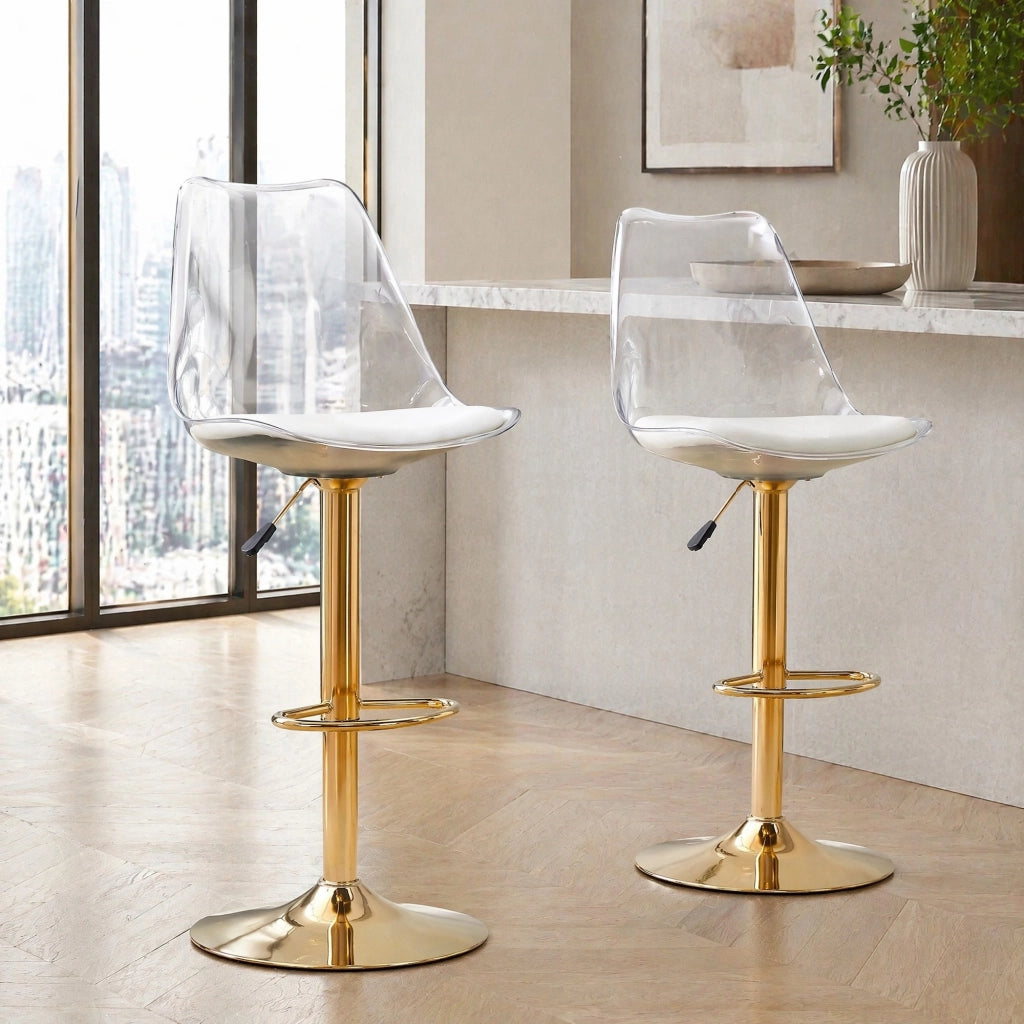 Sgabello da Bar Set da 2 con Schienale Trasparente, Seduta in PU, Base in Metallo Oro, Girevole 360°, Trasparente Oro