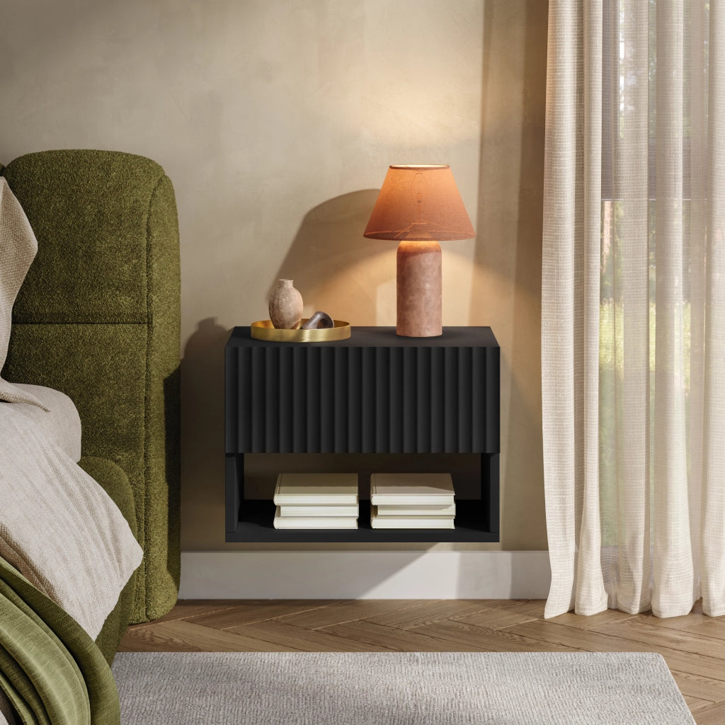 Set di 2 Comodini Sospesi da Parete Nand con Cassetto e Scomparto 42x30x30 cm Nero [en.casa]