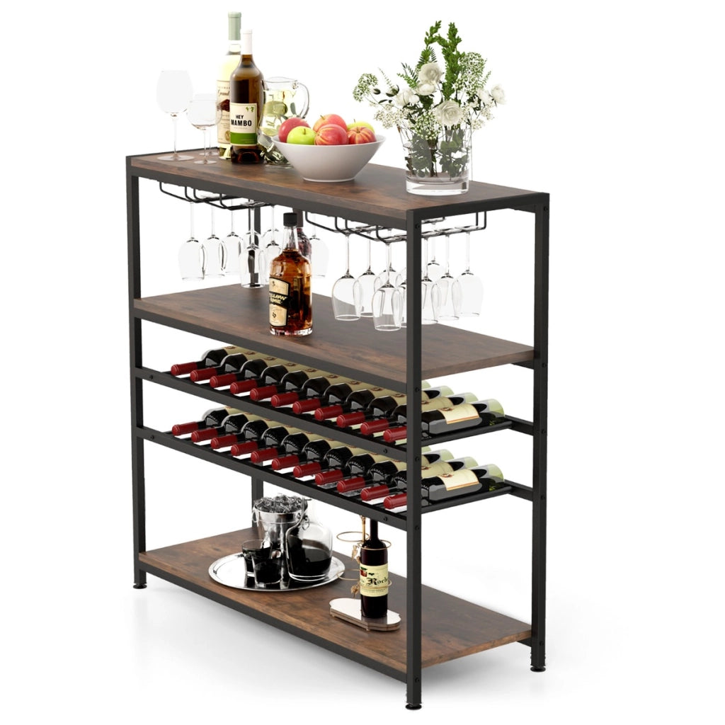 Mobile portabottiglie a 5 livelli con 2 ripiani porta vini 4 porta calici-Portabottiglie da terra 100x35x101cm