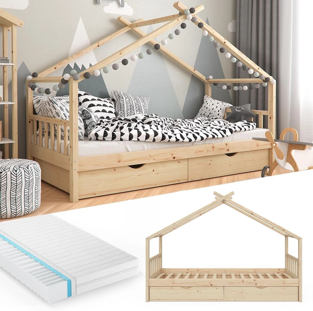 Letto montessori bambini Design, Legno naturale, 90x200 cm con 2 cassetti e materasso, con sponda anticaduta e rete a doghe per un sonno sicuro