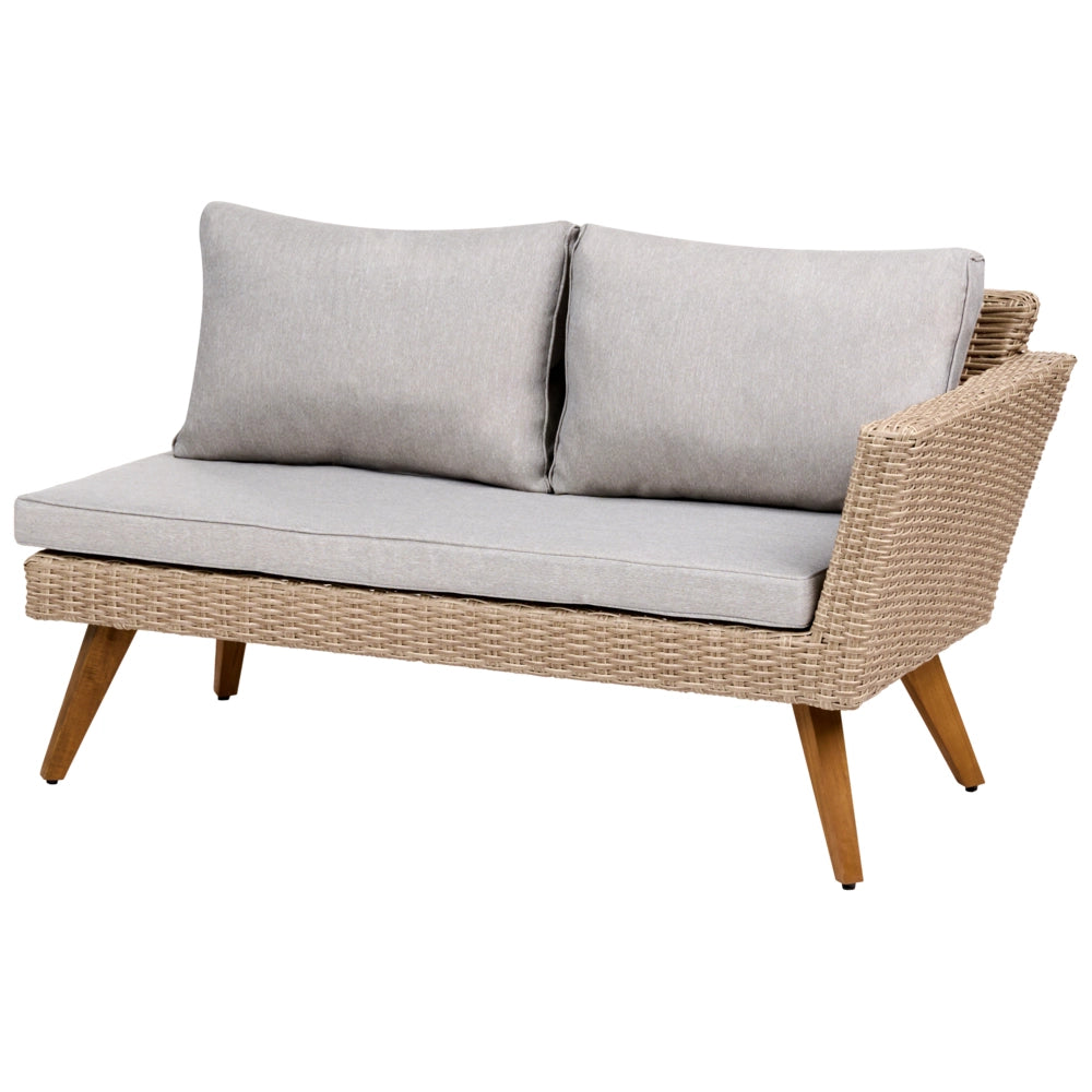 Set da giardino in rattan PE chiaro, divano angolare a 6 posti con cuscini grigi e tavolino da caffè, stile country per esterni