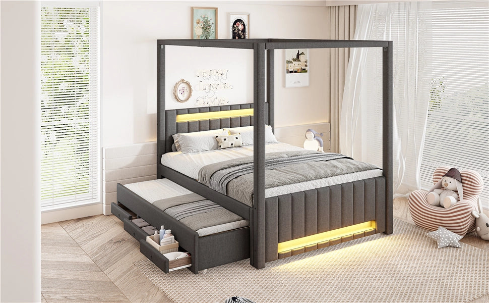 DESMIU Letto combinato 140 × 200 cm 2 posti con letto estraibile, 3 cassetti, LED, senza materasso, grigio