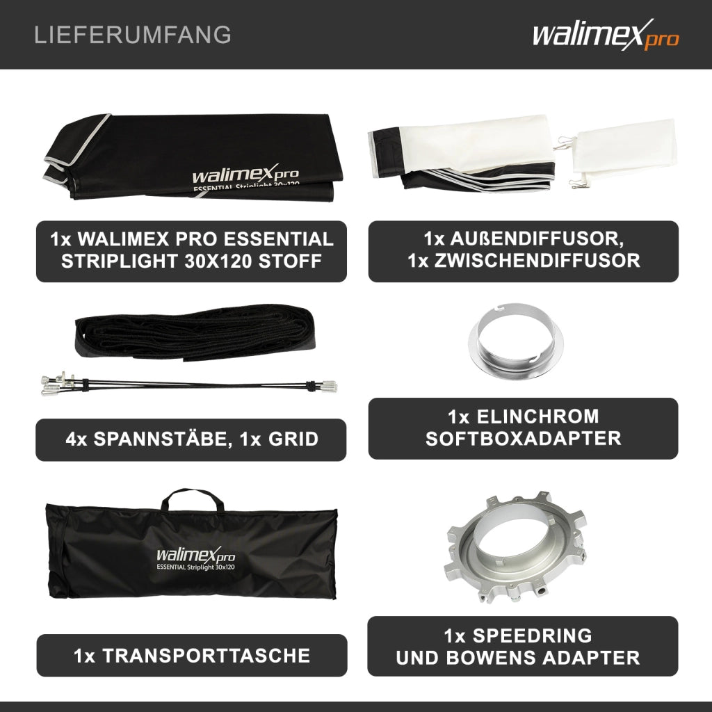 Essential Striplight Softbox 30x120cm + adattatore softbox per Elinchrom (diametro esterno: 15,2 cm), ruotabile a 360°, facile da montare, griglia inclusa, adattatore Bowens