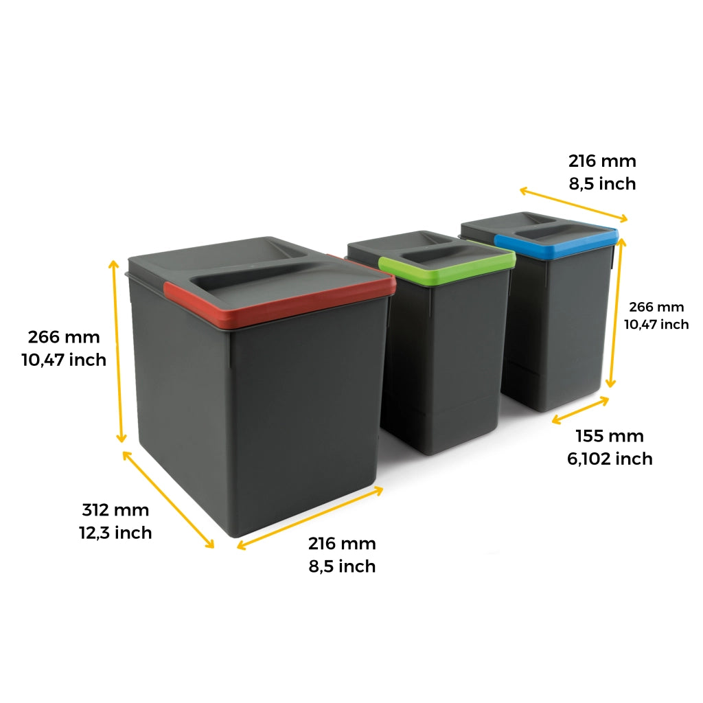 Emuca Contenitori per cassetti da cucina Recycle, Altezza 266, 1x15 + 2x7, Plastica grigio antracite, Tecnoplastica, 1 u.