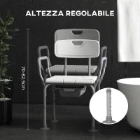 Sedia da Doccia 3 in 1 con Schienale e Braccioli, Altezza Regolabile e Piedini Antiscivolo, Bianco