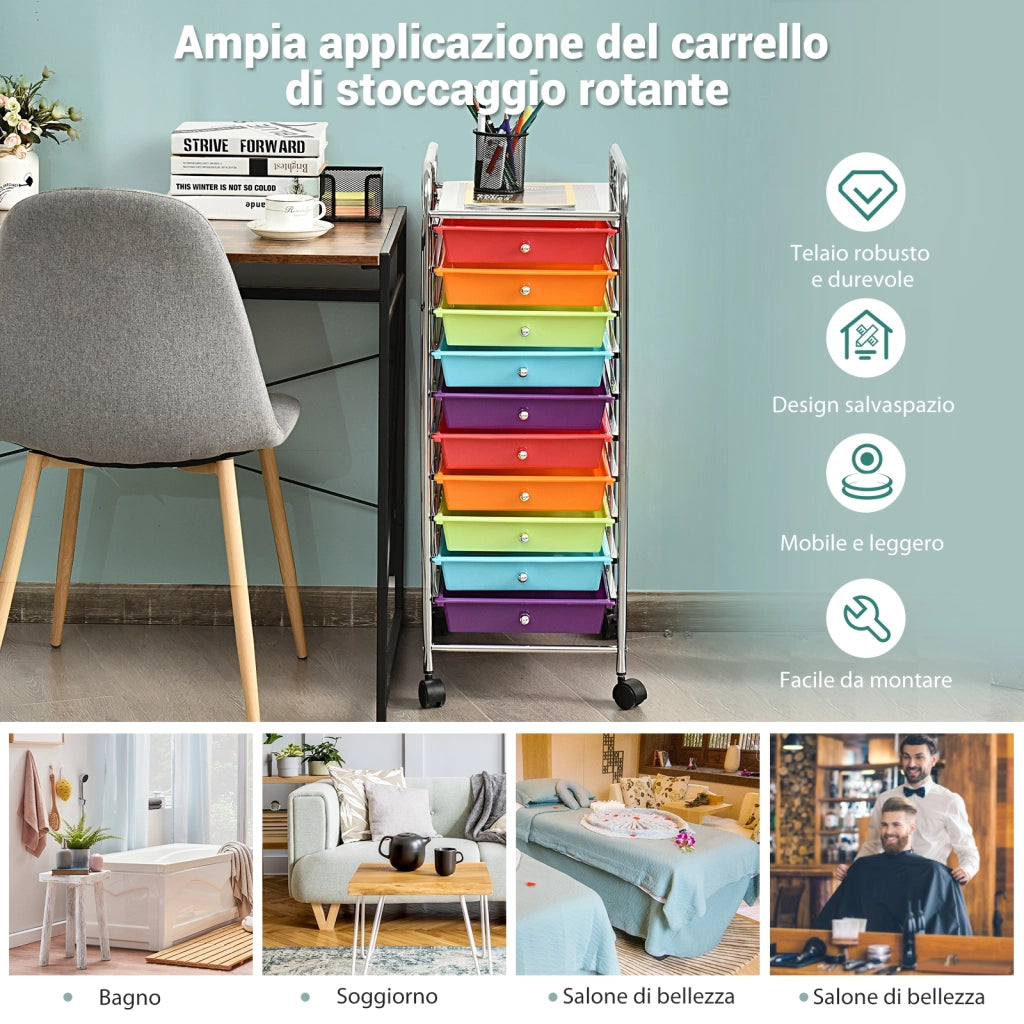 Carrello cassettiera multiuso con 10 cassetti da cucina, Contenitore con ruote a 10 ripiani per bagno Colorato scuro