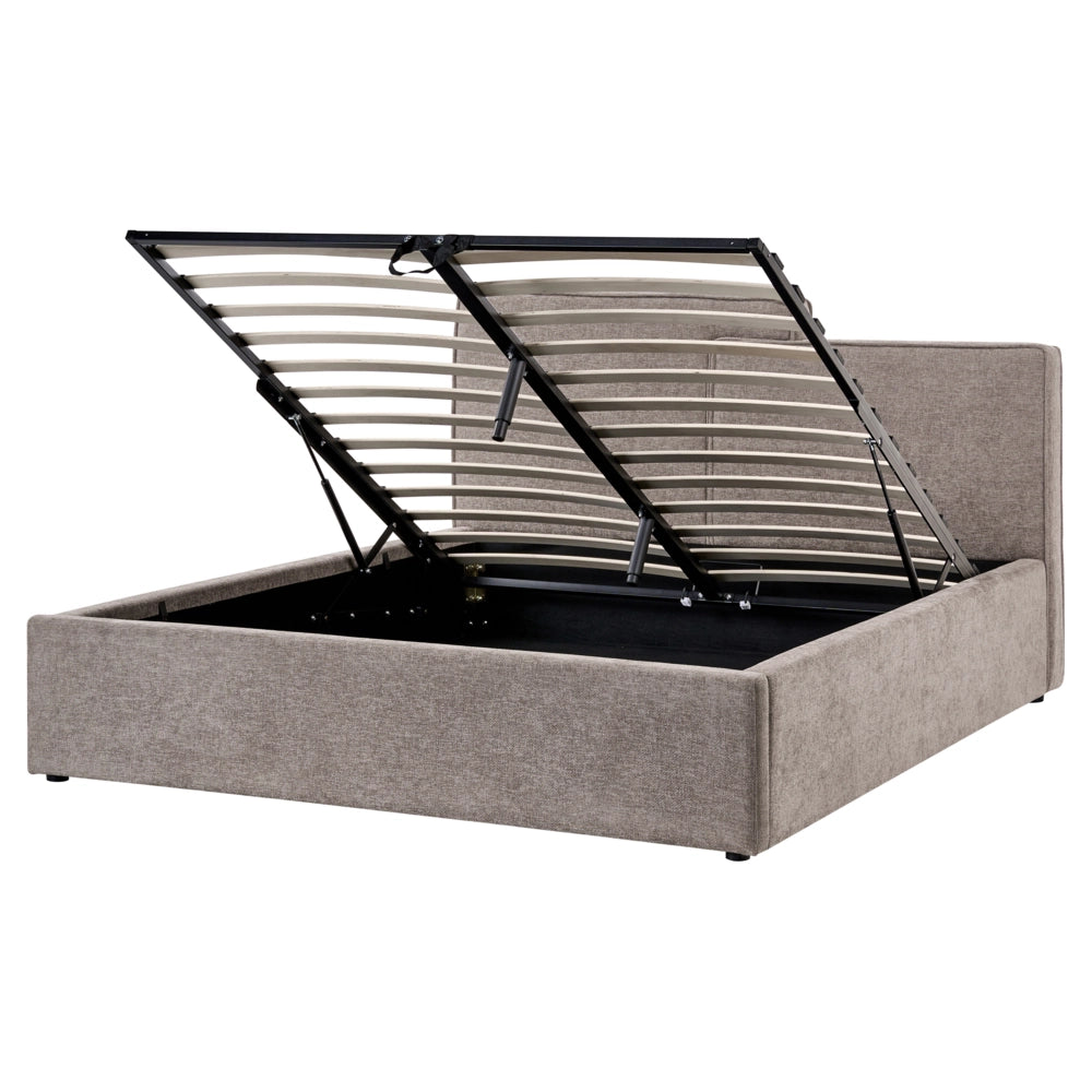 Letto contenitore rivestito in tessuto grigio marrone 160 x 200 cm testiera asimmetrica a gradini in stile scandinavo