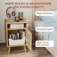 Set 2 Comodini in Stile Boho con Armadietto e Ripiano Aperto, in Truciolato, Rattan e MDF, 39x35x60 cm