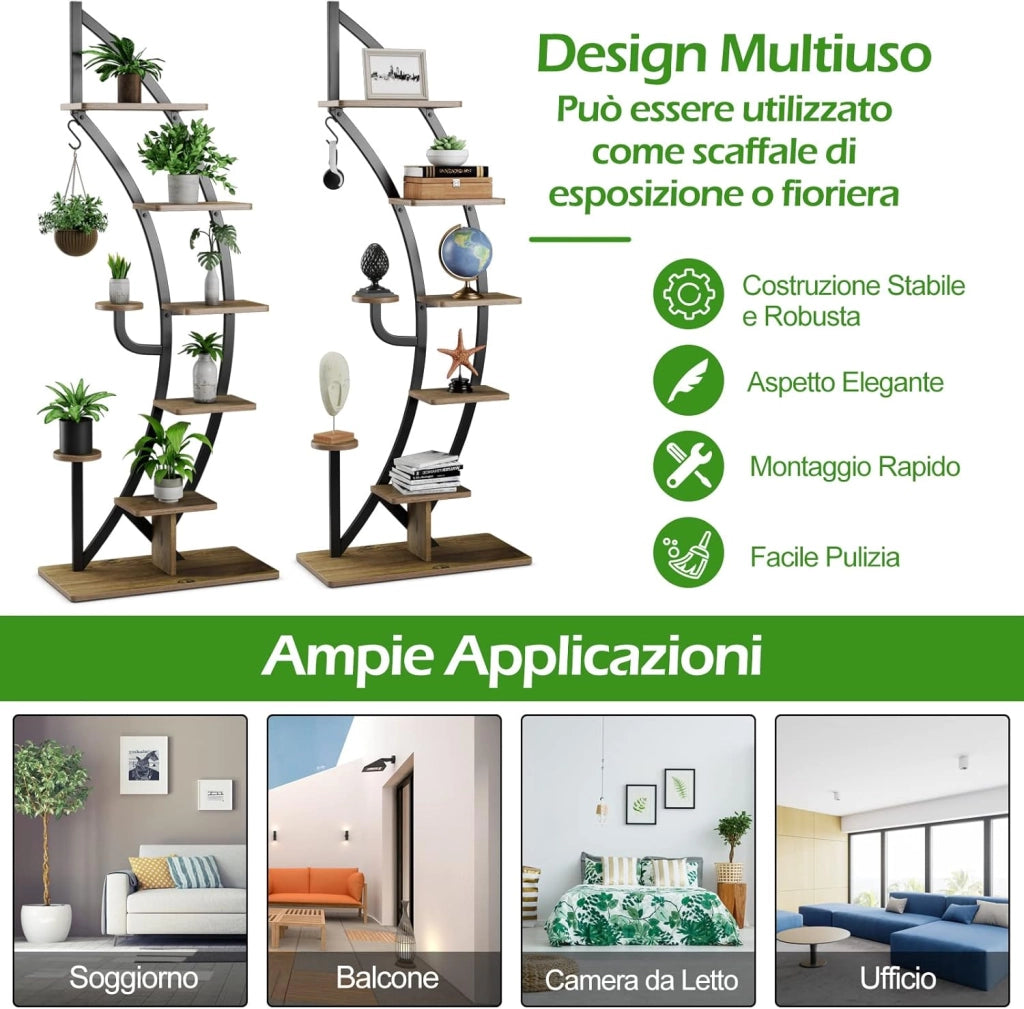 Scaffale per Piante a 7 Livelli, Scaffale a Forma di Mezza Luna con Gancio e Dispositivo Antiribaltamento, Porta Piante e Fiori per Interno e Soggiorno, 60 x 30 x 155 cm (2 PEZZI)