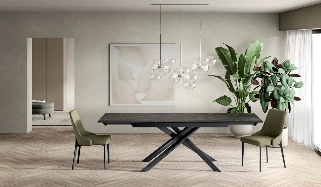 Tavolo Allungabile Cross 160-240x90 cm, Top in Ceramica Marmo Portoro Opaco, Struttura in Metallo Nero - Design Moderno ed Elegante