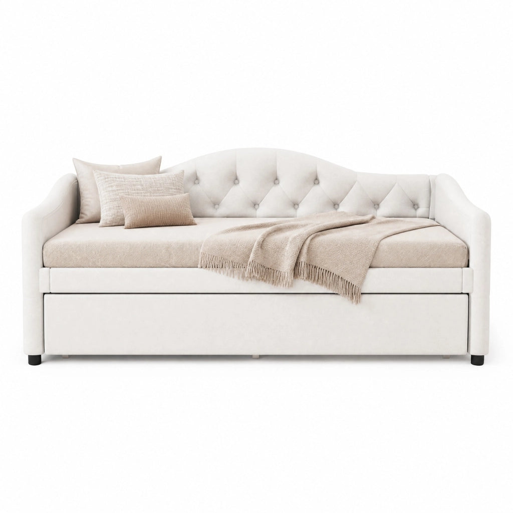 Daybed 90x200 cm con letto estraibile, divano letto singolo in lino beige, senza materasso