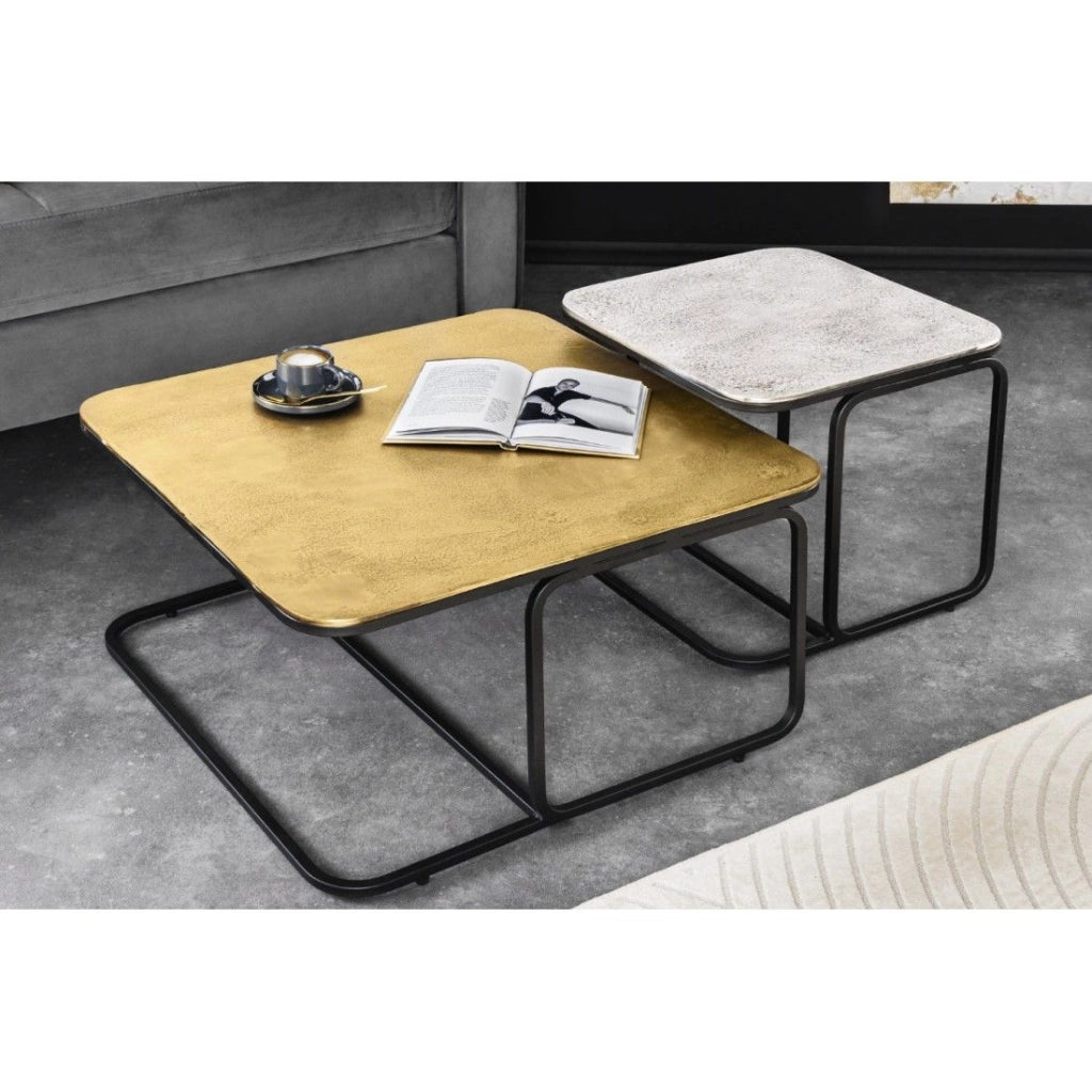 Set di 2 tavolini METRIX quadrati dorati e argentati - Tavolini design impilabili in metallo