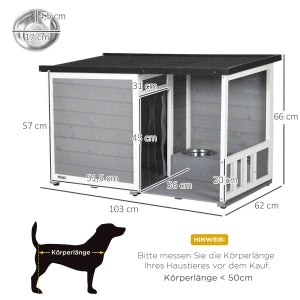 Cuccia per cani da esterno con veranda coperta, ciotole integrate, tetto in asfalto e piedini regolabili, 103x62x60/66 cm, Nero