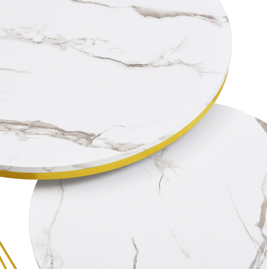 Tavolino da salotto 70x70x45+50x50x40 cm; set di 2 con cassetto; effetto marmo bianco e oro