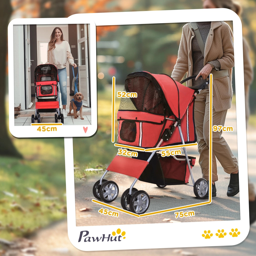 Carrello pieghevole per trasporto cani con accesso a due vie, cestino inferiore, rete anti-insetti, poliestere rosso