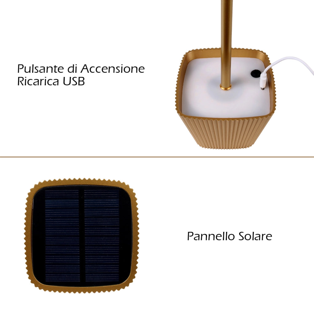 LAMPADA LED DA TAVOLO ORO CON PARALUME QUADRATO A PIEGHE - RICARICABILE USB + ENERGIA SOLARE CON SENSORE CREPUSCOLARE