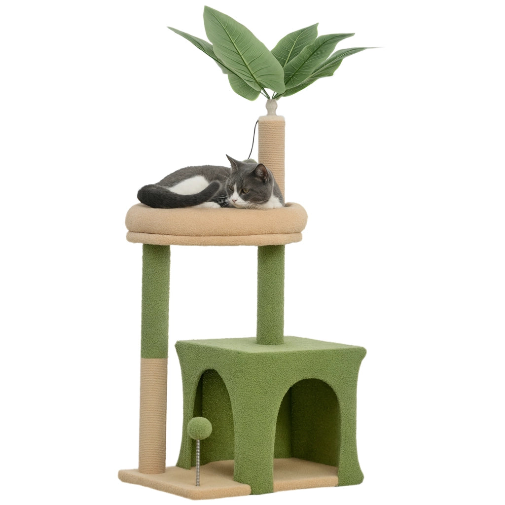 Tiragraffi Albero per Gatti con Cuscino e Palline ¨C zephmum ¨C Legno, Poliestere, Verde e Marrone, 44x30x98 cm