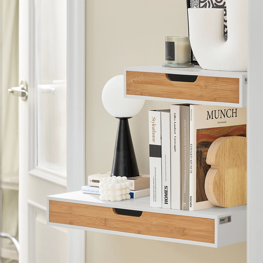 SoBuy | Set di 2 mensole a parete bianche con cassetto | Mensola galleggiante con cassetto integrato | Mensole da muro in MDF verniciato | 40×24×8 cm | Capacità di carico 16 kg | FRG92-WNX2