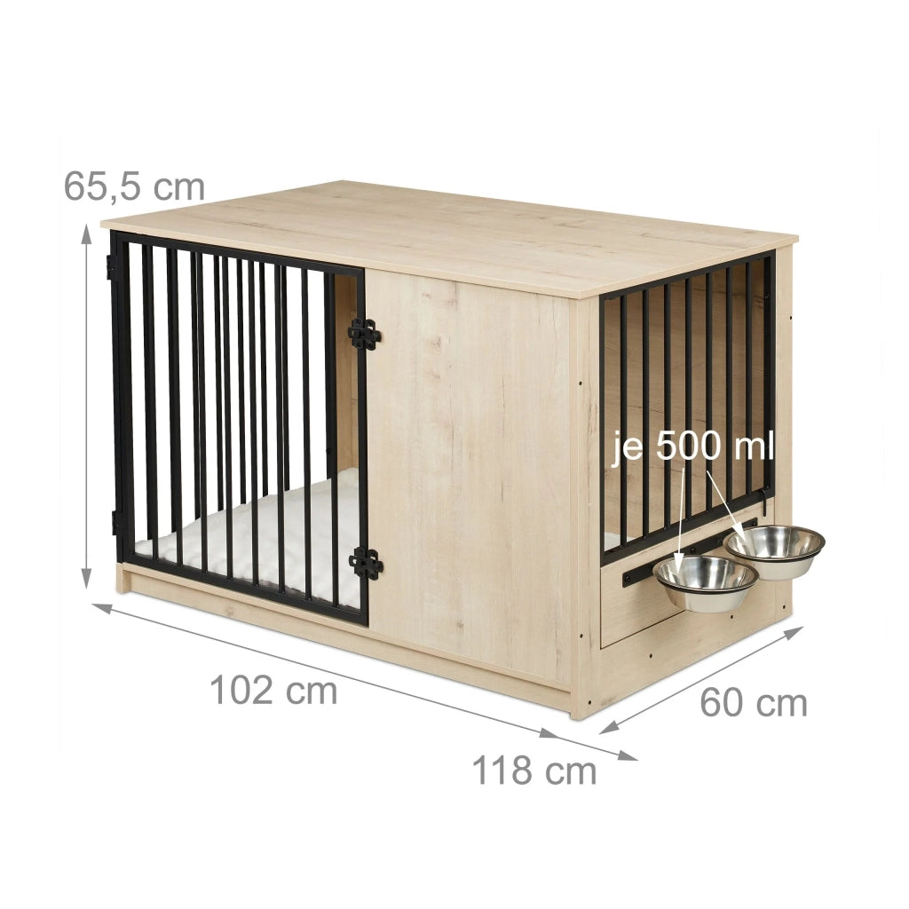 Gabbia per cani con 2 ciotole girevoli soggiorno corridoio 65,5 x 102 x 60 cm design rustico in MDF marrone 13_0017158