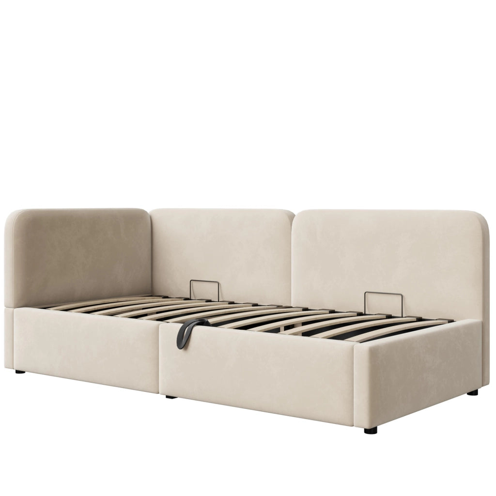 Divano letto imbottito 207x96x78 cm con spazio contenitore idraulico; tessuto beige