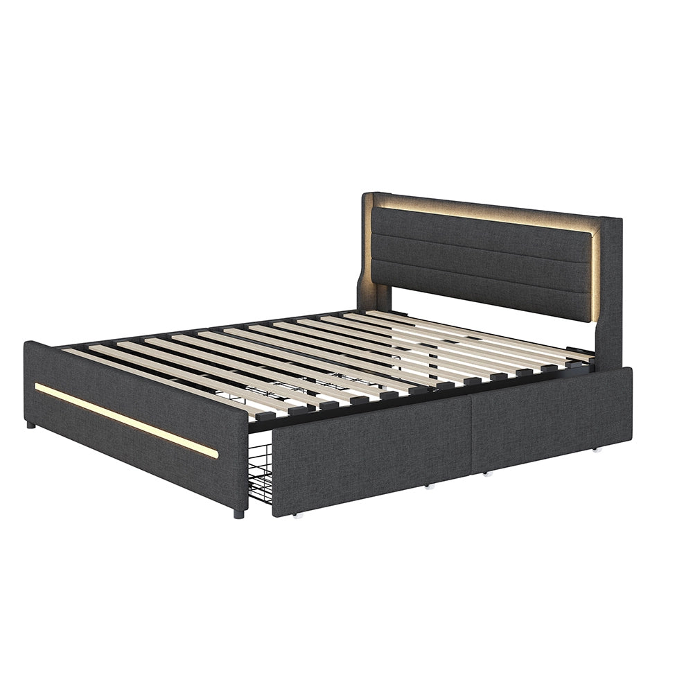 Letto imbottito con LED colorati - Xylo - 160x200 cm - Grigio - Con 4 cassetti