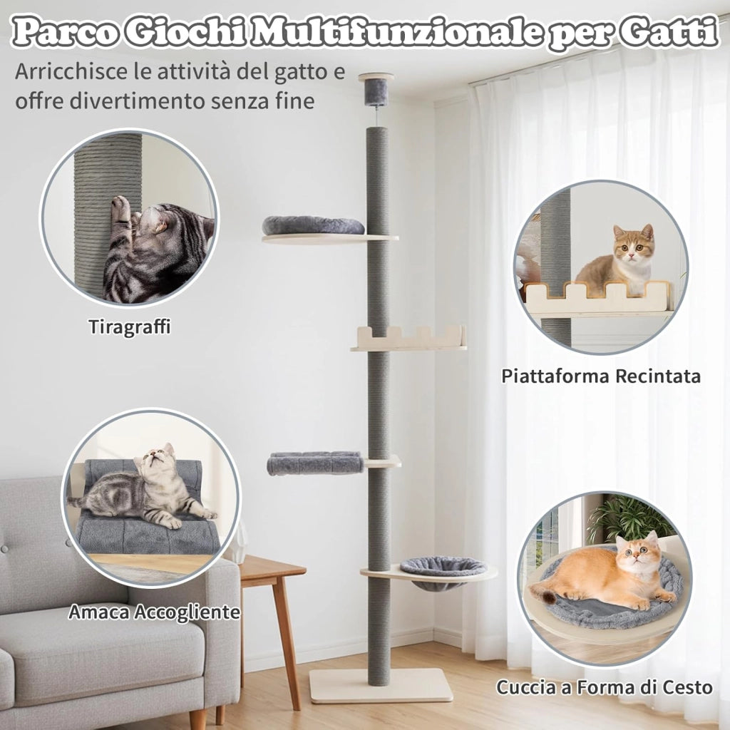 Albero per Gatti da Interno, Tiragraffi per Gatti Regolabile in Altezza da 236 a 271 cm con Piattaforma, Cesta Letto e Tiragraffi, Mobile per Gattini in Legno