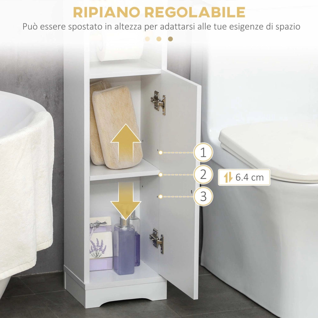 Colonna Bagno con 3 Ripiani Aperti e Armadietto a 2 Livelli Regolabile. in Legno. 23x18x100 cm. Bianco