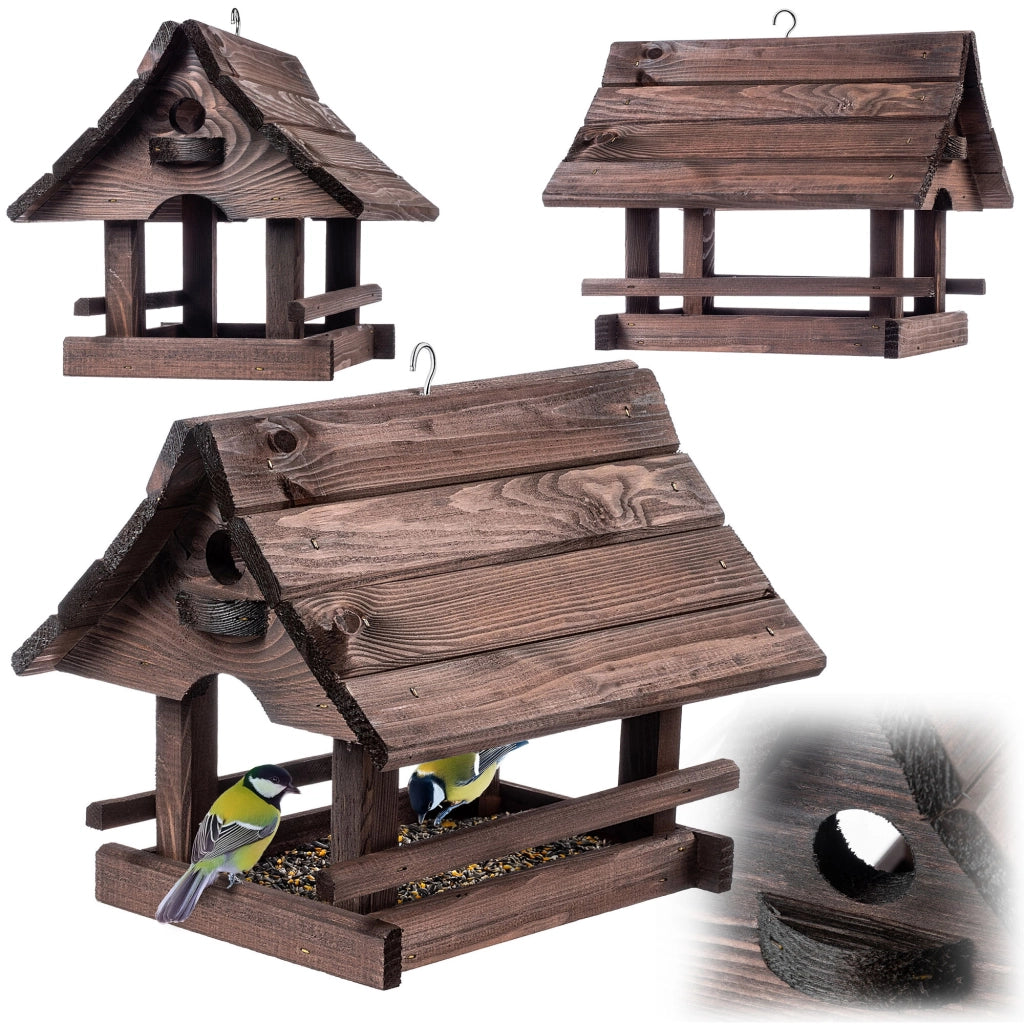 KADAX Grande casetta per mangiatoia per uccelli in legno di alta qualità da appendere, colore marrone, ideale come regalo.