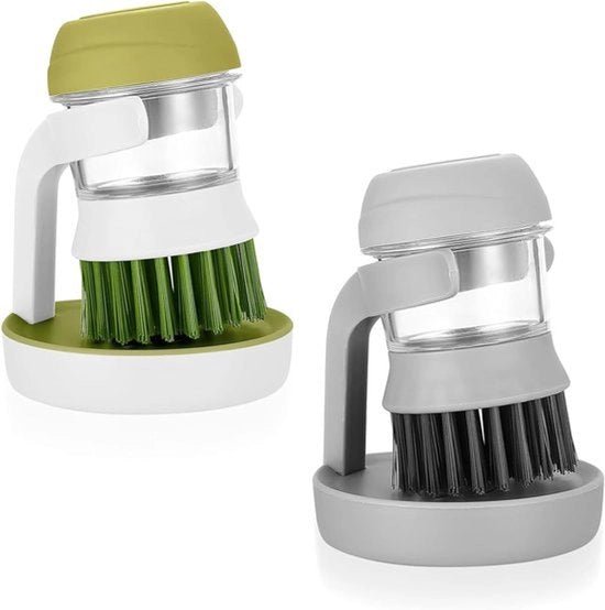 Due pezzi - Spazzola da tavola con dispenser detersivo - Spazzola di pulizia - Spazzola da tavola con scarico - Spazzola da tavola con dispenser detersivo - Spazzola da tavola per pulire piatti, padelle e pentole - Grigio e verde