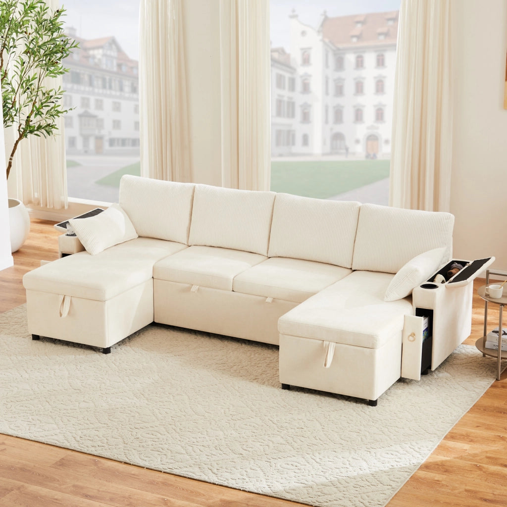 Divano angolare convertibile 4 posti con vano contenitore, portabicchieri e cuscini, in Chenille e Corduroy Beige