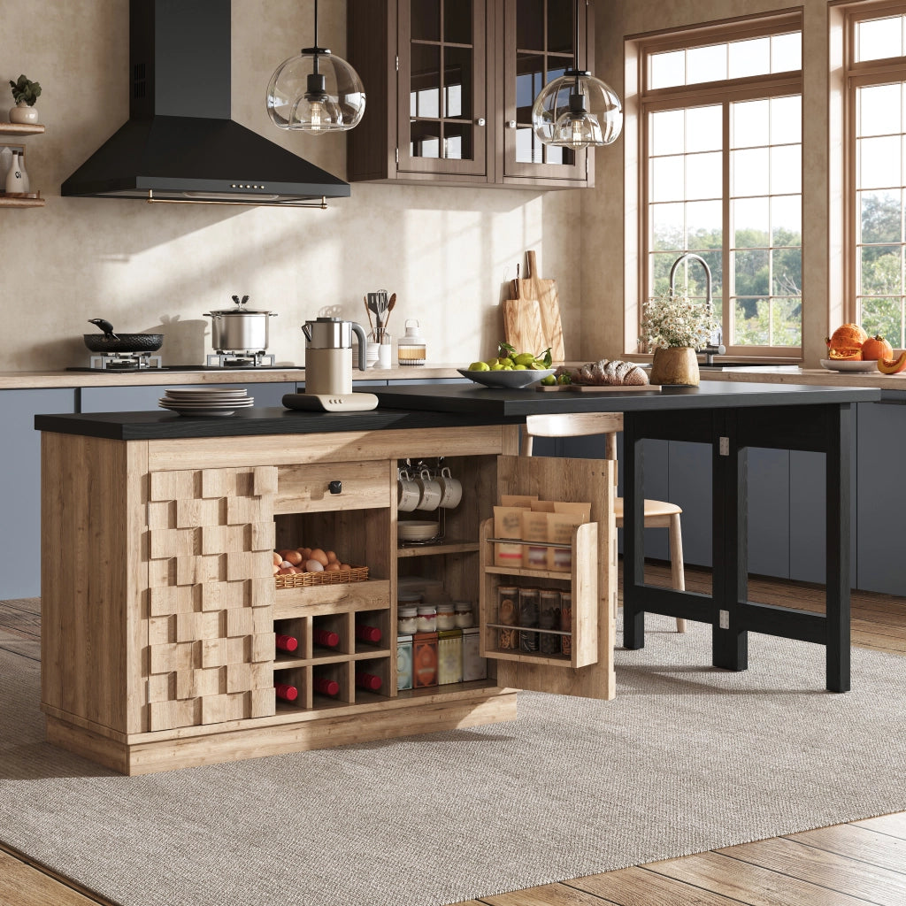 Credenza da cucina girevole 360° con 2 piani; 1 cassetto; portabottiglie rimovibile; per cucina; 120-197 × 40 × 74.2 cm