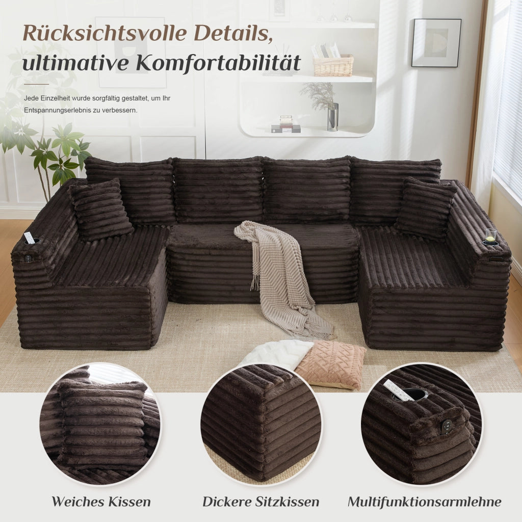Divano modulare a U con portabicchieri e tasche laterali in corduroy marrone 320 × 155 × 88 cm