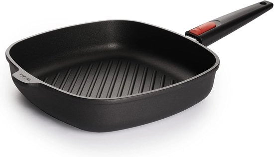 Piastra Grill in Titanio 28x28 cm - Quadrata con Solchi e Maniglia Removibile per Ceramica, Gas e Elettrico