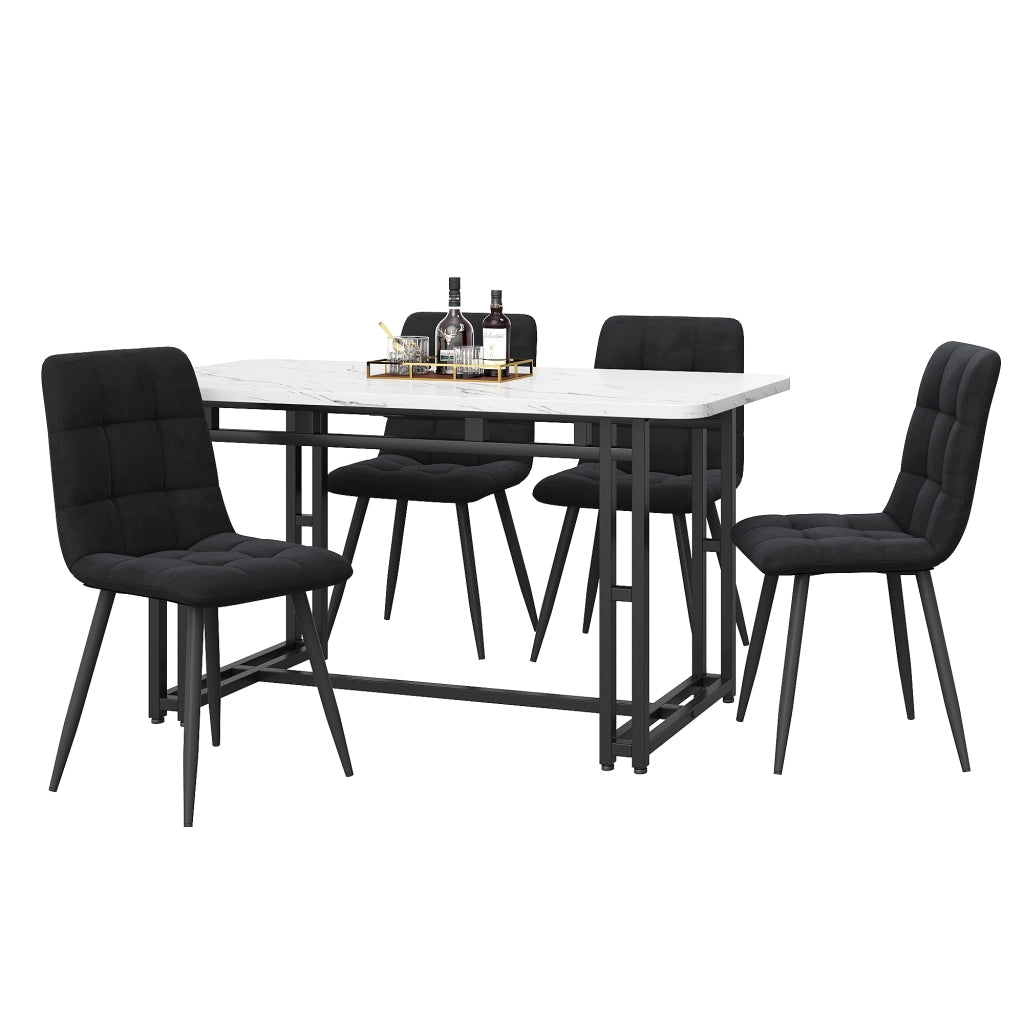 Tavolo da pranzo per 4 persone con 4 sedie in velluto, piano in MDF e gambe in metallo, per cucina e soggiorno, nero