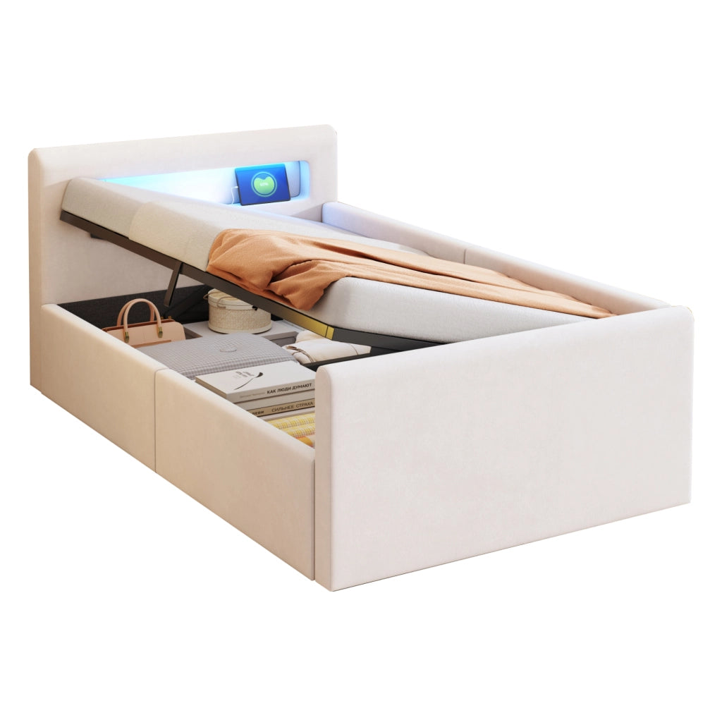 Letto imbottito 90x200 cm con LED; luce notturna; USB e contenitore in velluto beige