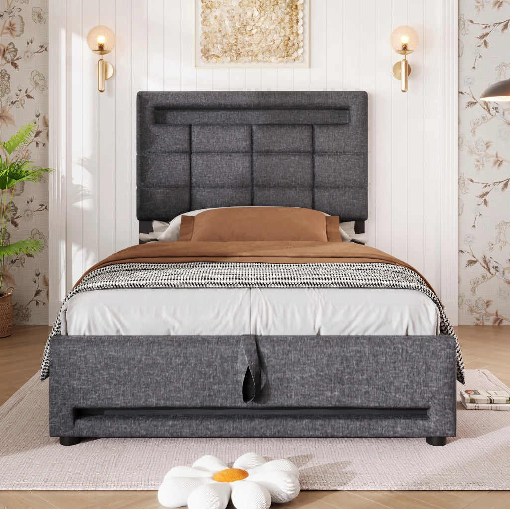 Letto imbottito 90x200 cm con contenitore e LED in lino grigio