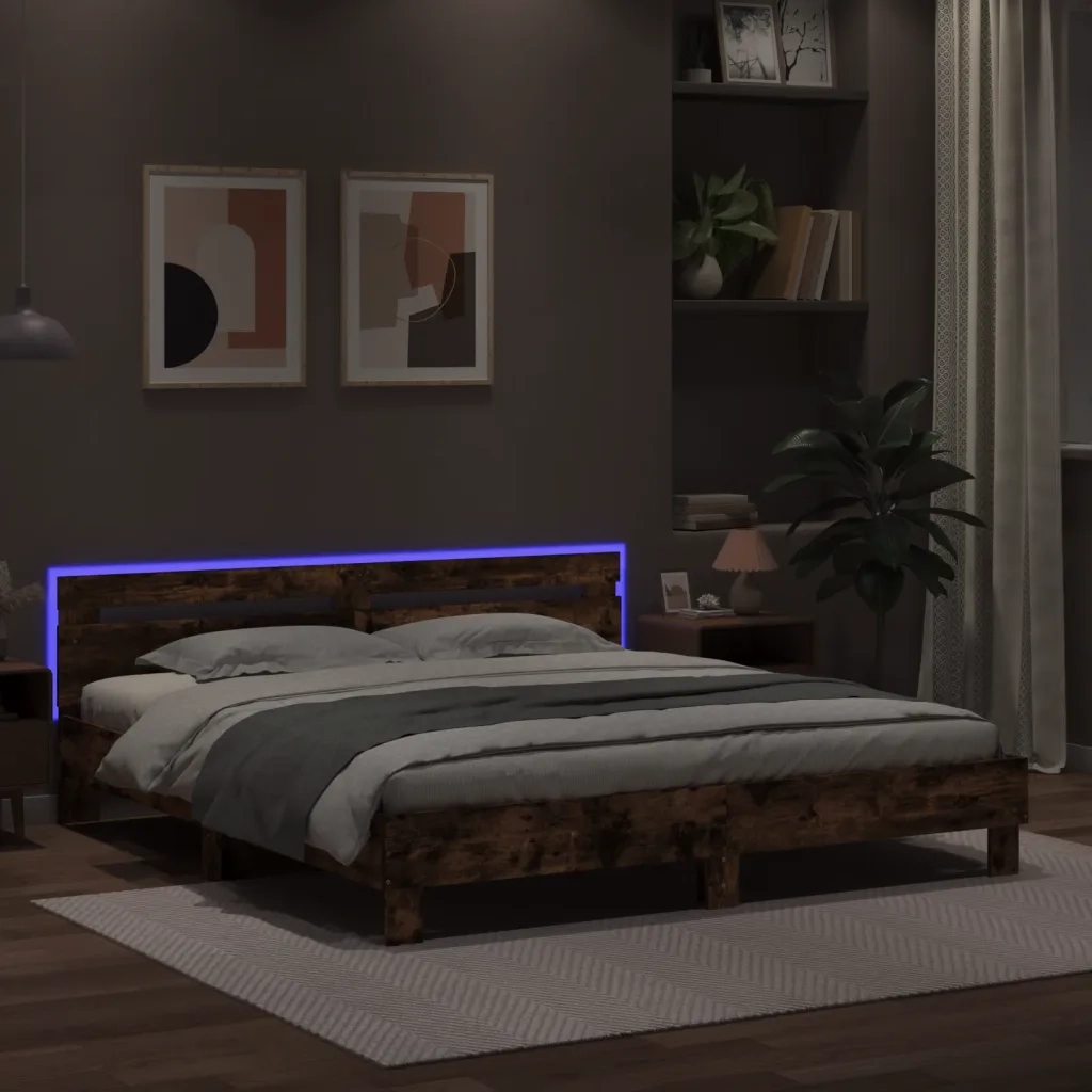 Giroletto con Testiera e LED Rovere Fumo 160x200 cm 3207536