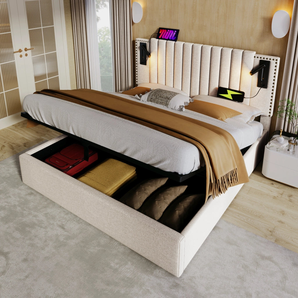 Letto matrimoniale 140x200 cm con contenitore; testiera regolabile; luce da lettura e porte USB/Type-C; beige