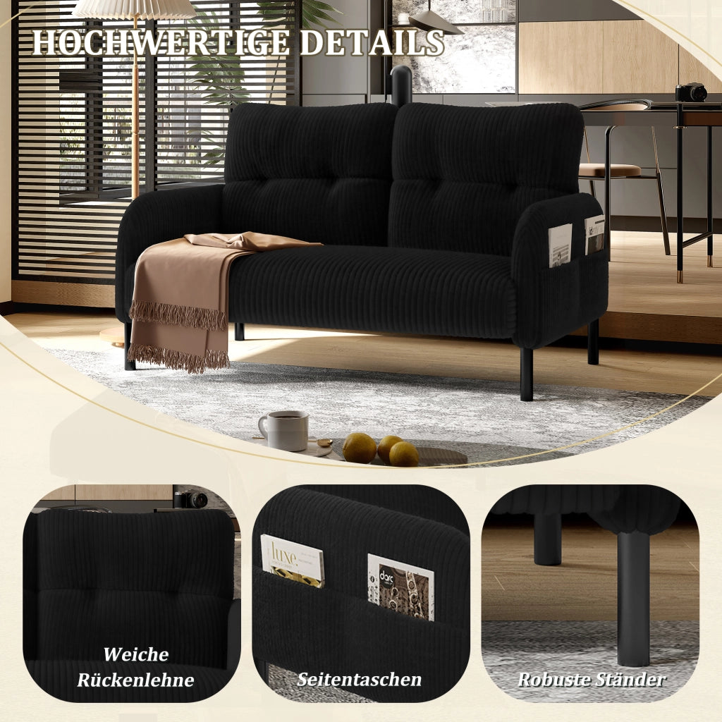 Divano 2 Posti con Schienale Ergonomico e Tasca Laterale; in Velluto a Coste; Nero; 120 × 75 × 79 cm