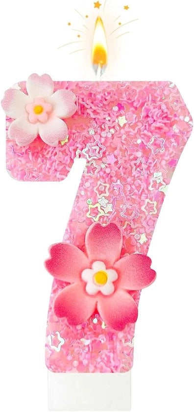 Decorazione per torta per feste di bambina con stelle e fiori - numero 7 - modello rosso - adatto a compleanni - decorazione per torta con glitter - stelle e fiori - numero 7 - modello rosso