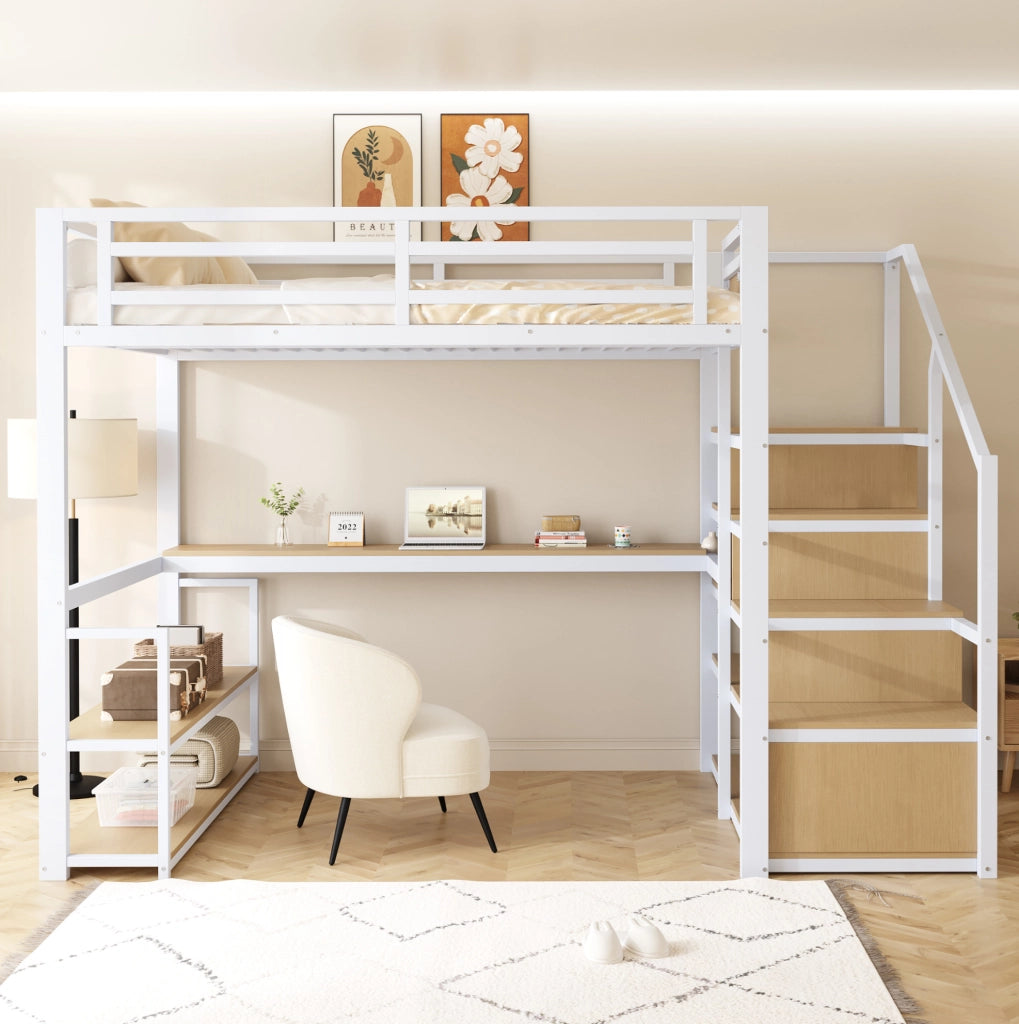 Letto a soppalco in metallo 140x200 cm con scrivania e ripiani