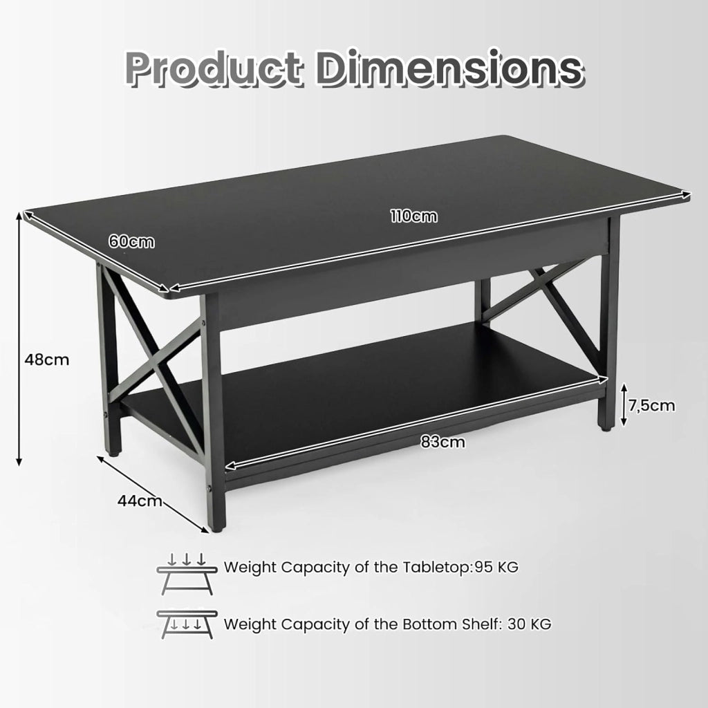 Tavolino a 2 Livelli a Forma di X, Tavolo da Caffè in Stile Industriale, Moderno per Soggiorno, Ufficio, Camera da Letto, Gambe Regolabili, 110x60x48cm, 2 Colori