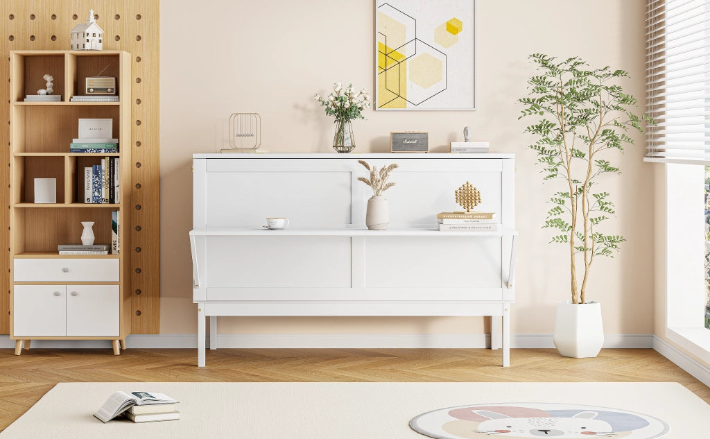 DESMIU Letto a scomparsa 2 posti con vani portaoggetti e funzione consolle 140 × 200 cm, senza materasso, bianco