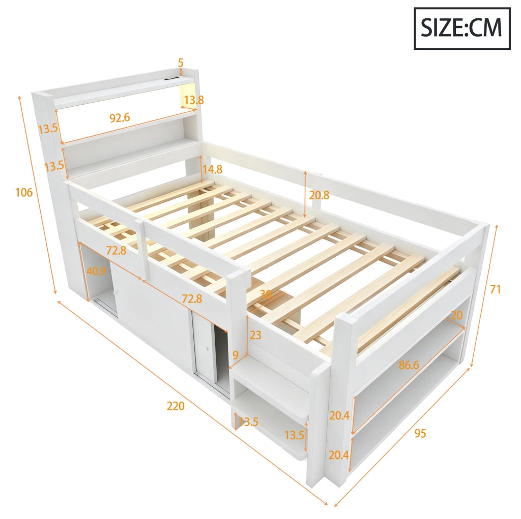Letto a soppalco 90x200 cm con contenitore; LED e USB in legno bianco