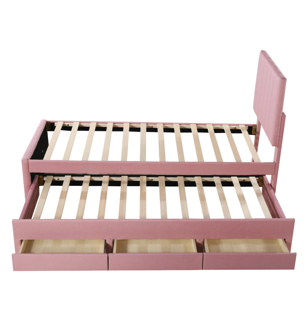 Letto imbottito singolo 90x200 cm con letto estraibile e 3 cassetti; rosa