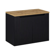 Set bagno VANO 80cm: mobile sottolavabo con armadietti in nero opaco scanalato + piano per lavabo effetto rovere chiaro