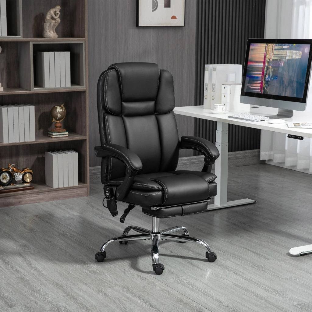 Sedia da ufficio massaggiante ergonomica reclinabile con riscaldamento poggiapiedi e tasca in pelle sintetica nera