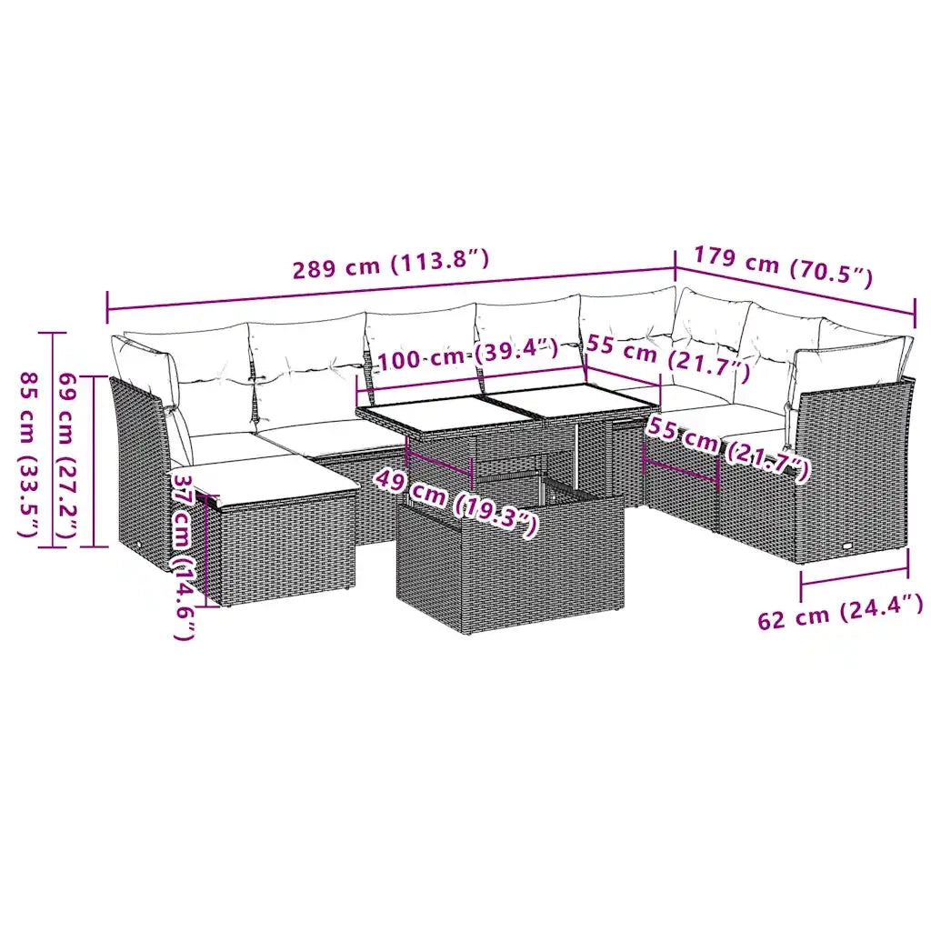 Set Divani da Giardino 9 pz con Cuscini Nero in Polyrattan