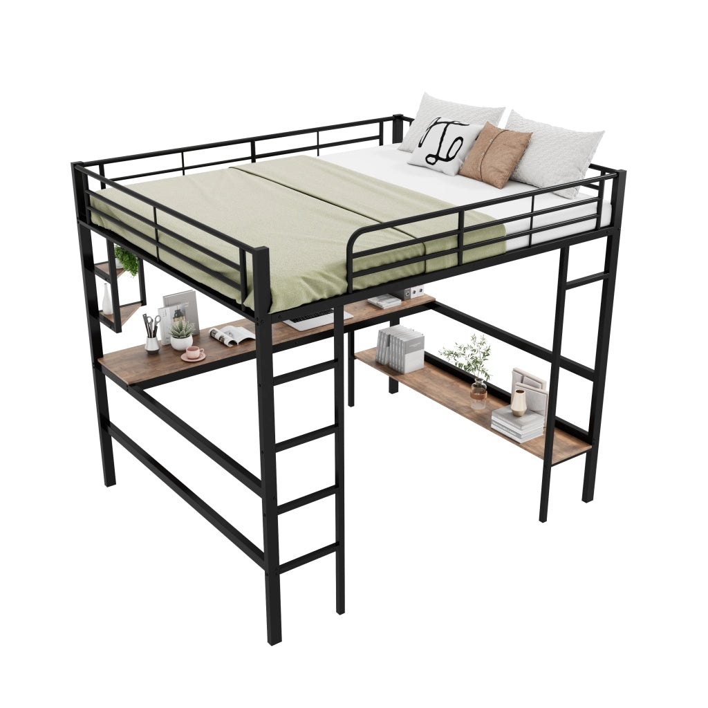 Letto a castello nero in metallo con scrivania e scaffali 140x200 cm