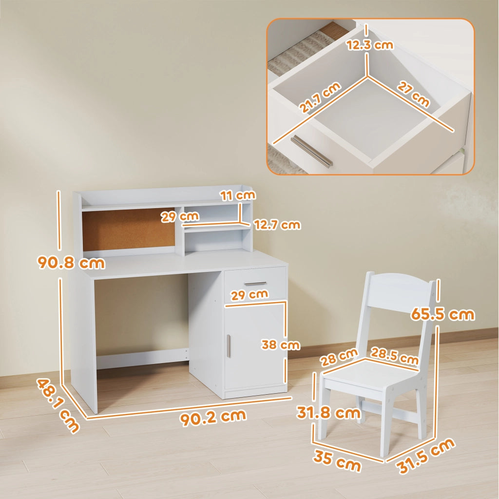 Scrivania per Bambini con Scaffali, Armadietto, Cassetto e Sedia per Bambini Abbinata in MDF Bianco